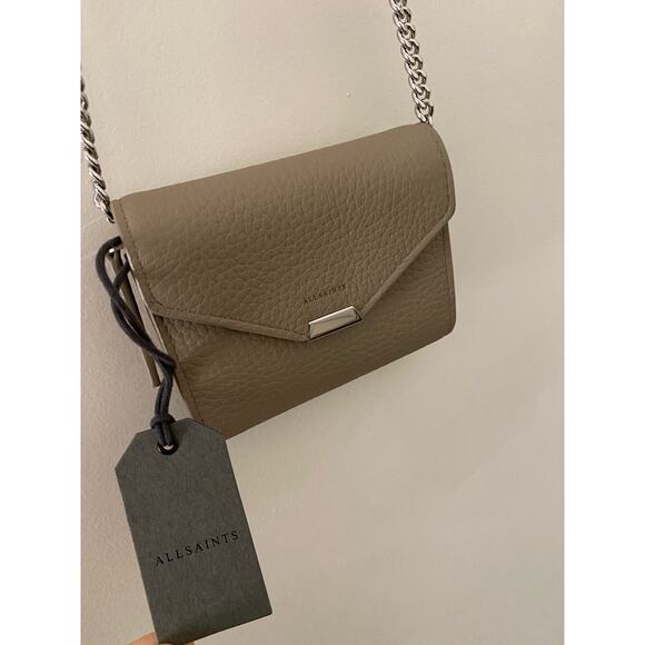 NWT All Saints Captain Chain Cardholder Wallet Leather Adjustable Tan Taupe - Picture 1 of 8